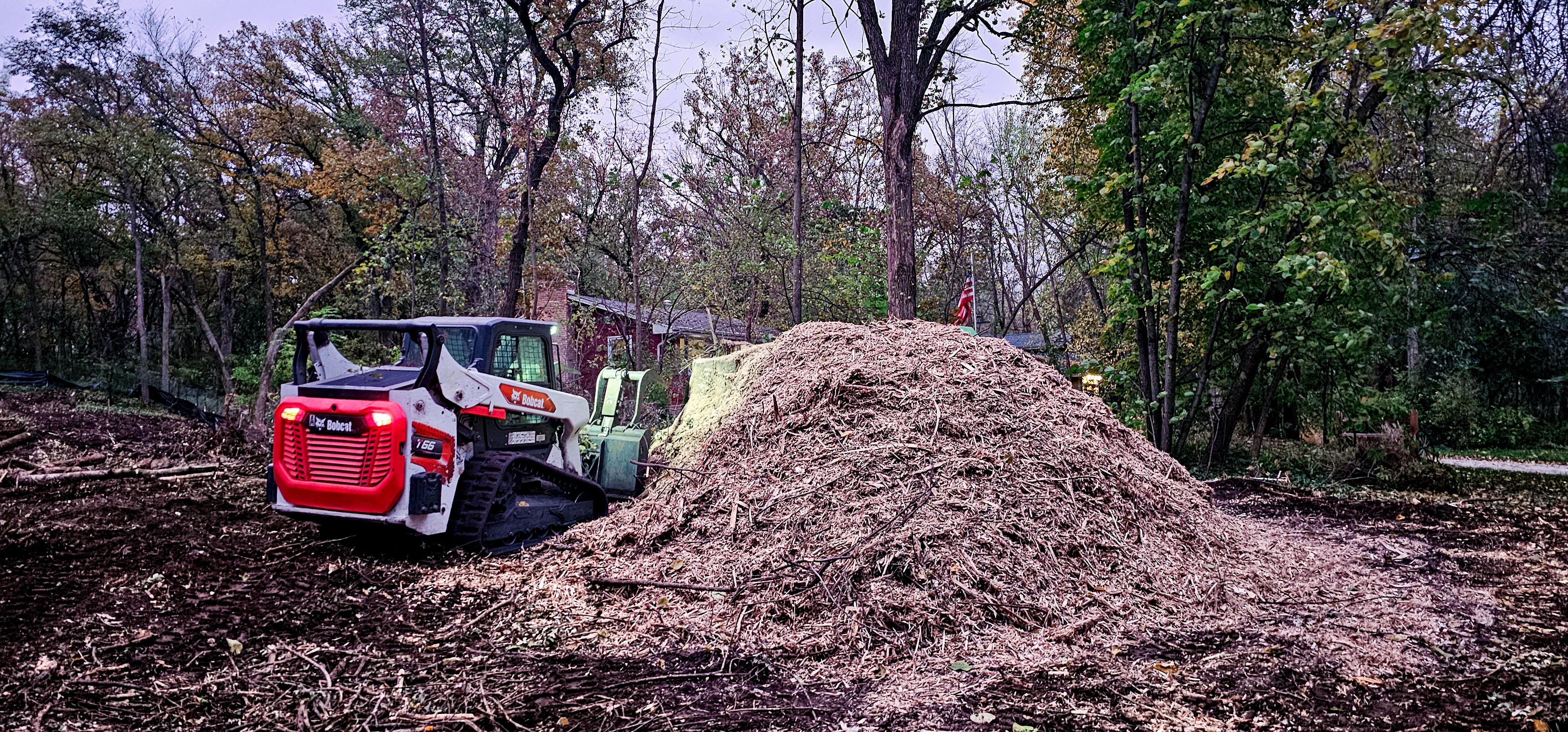 Bobcat with mulch pile